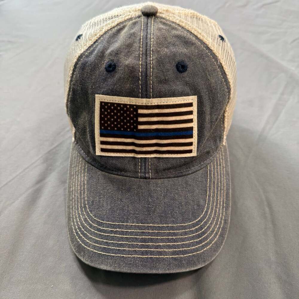 Legacy Distressed Blue Trucker Hat with Thin Blue Line American Flag Patch